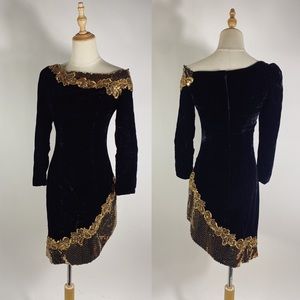 VINTAGE Black Velvet Gold Sequin Asymmetrical Long Sleeve Holiday Cocktail Dress